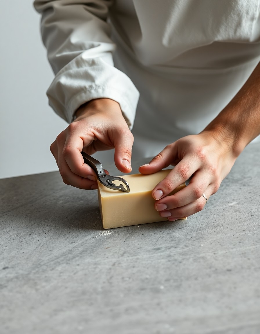 Mani di Giulia Visentin che tagliano un sapone col filo nel laboratorio di Via Vigevano
